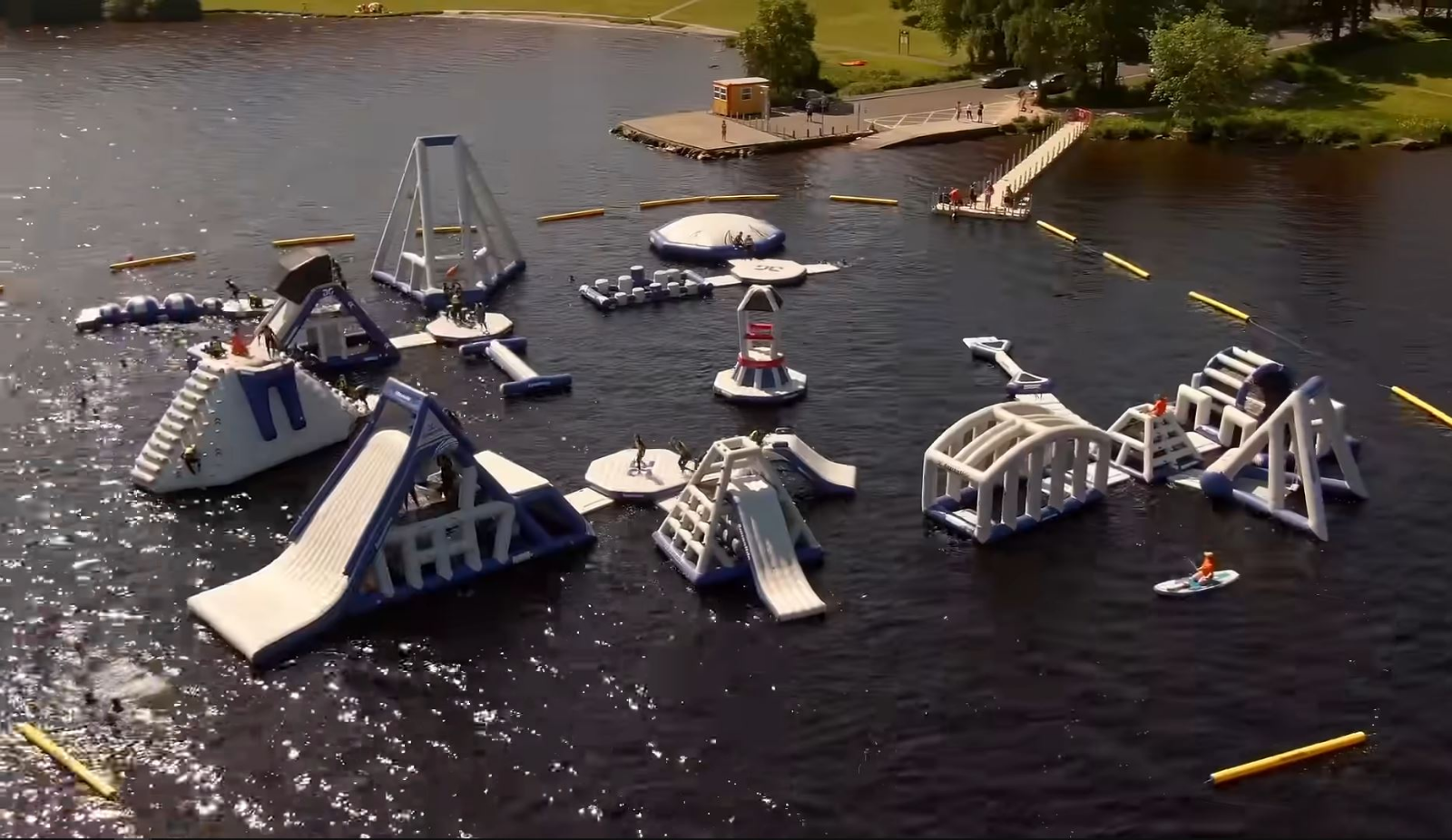 Drone aerial photo of West Coast Aqua Park's floating obstacle course